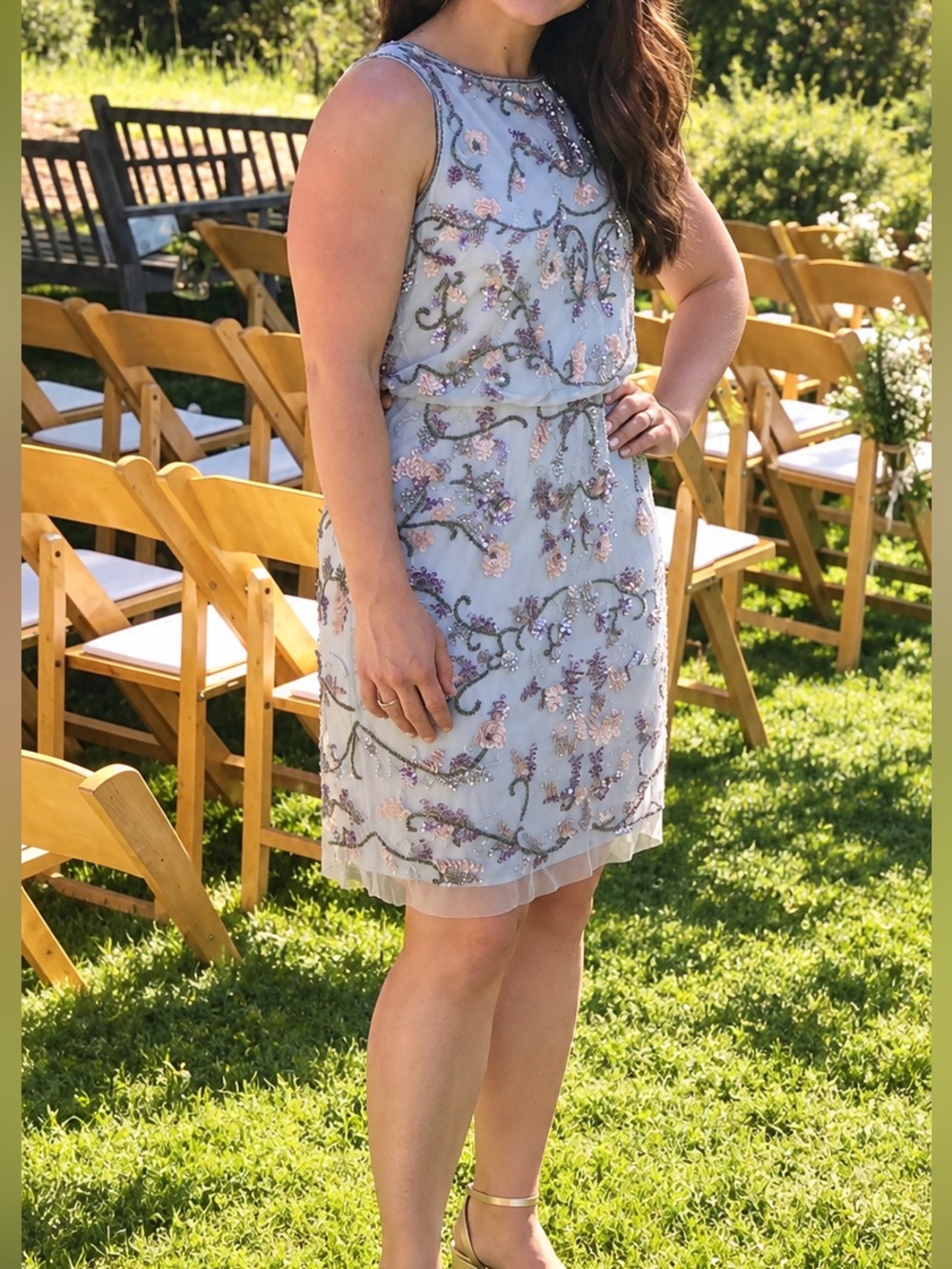 Adrianna Papell Beaded Midi Dress with Pink & Purple Accents